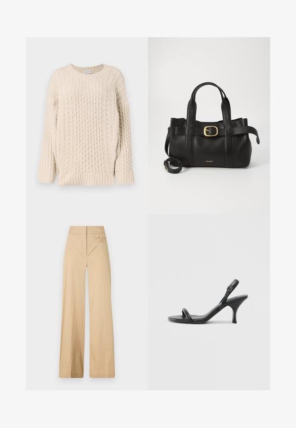 Beige gestrickter Pullover mit strukturierten Rippen- und Zopfmustern. Rundhalsausschnitt und lange Ärmel. Weiches, dickes Material mit lockerer Passform.; Beige weite Hosen aus Baumwollmischgewebe. Sie haben eine glatte Textur, einen elastischen Bund und eine seitliche Knopfdetail.; Schwarze Leder-Sandalen mit hohen Absätzen, schlankem, gebogenem Absatz und gekreuztem Riemendesign. Verstellbarer Knöchelriemen. Glatte Textur.; Schwarze Lederhandtasche mit strukturiertem Design, doppelten oberen Griffen, goldfarbenem Schnallenakzent und geprägtem Markenlogo auf der Vorderseite.