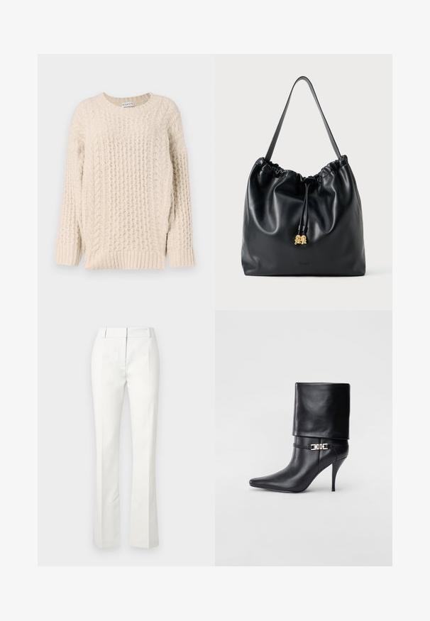 Beige gestrickter Pullover mit strukturierten Rippen- und Zopfmustern. Rundhalsausschnitt und lange Ärmel. Weiches, dickes Material mit lockerer Passform.; Weiße maßgeschneiderte Hosen mit einem ausgestellten Saum, die mit vorne Falten und einer glatten Textur versehen sind, hergestellt aus einem leichten Stoff.; Schwarze Leder-Ankle-Boots mit spitzer Zehenpartie, hohen Stiletto-Absätzen, umgeschlagenem Schaft und einem goldenen dekorativen Schnallen-Detail an der Knöchel.; Schwarze Lederzugtasche mit glatter Oberfläche, gerafftem oberen Teil und dezenten goldenen Hardware. Sie verfügt über einen stabilen Schulterriemen und ein geprägtetes Logo.