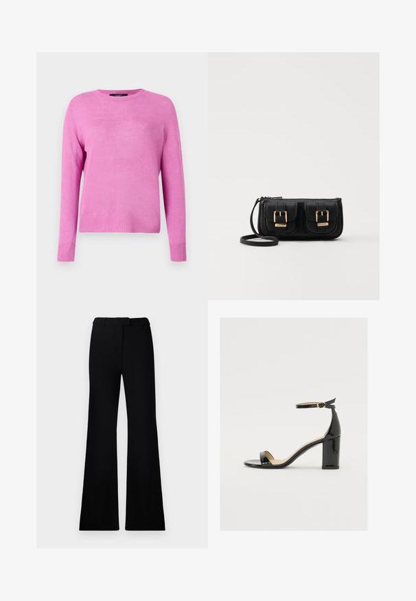 Pink knitted sweater with long sleeves, round neckline, and a ribbed hem. The fabric presents a smooth texture and a lightweight appearance.; Black flared pants featuring a smooth texture, tailored waistband, and front pockets, designed with a sleek, modern silhouette.; Black patent leather sandal with a wide heel, open toe, and ankle strap featuring a gold buckle. Smooth texture and sleek design.; Black leather crossbody bag with two front pockets, gold buckles, zipper closure, and a slim strap. Textured surface and compact rectangular shape.