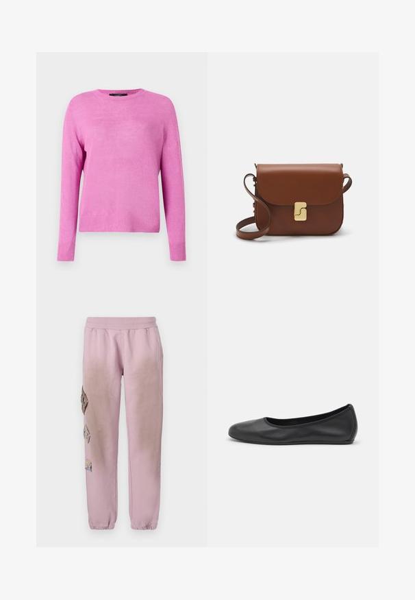 Roze gebreide trui met lange mouwen, ronde halslijn en een geribbelde zoom. De stof heeft een gladde textuur en een lichtgewicht uitstraling.; Roze sweatpants met een elastische tailleband, voorzien van decoratieve patches in ruitvorm aan de linkerkant en elastische boorden bij de enkel.; Zwarte leren ballerina met een ronde neus, gladde textuur, minimale stikdetails en een flexibele zoolontwerp.; Bruine leren handtas met een klep sluiting, gouden hardware, een schouderband en een gladde textuur. Compact rechthoekige vorm.