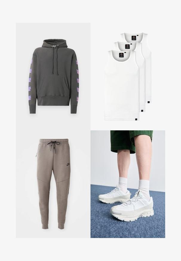 Dark gray hoodie featuring long sleeves, a front pocket, drawstring hood, and colorful graphic patterns on the sleeves. Soft cotton material.; Three white ribbed tank tops made of cotton. Features a crew neck and small black labels near the hem. Available in multiple sizes.; Gray Nike sweatpants with a drawstring waistband, tapered legs, side pockets, and distinct seam detailing. Soft, textured fabric.; White athletic shoes with textured overlays, a chunky sole, and gray accents. Worn with white crew socks and green shorts on a blue surface.