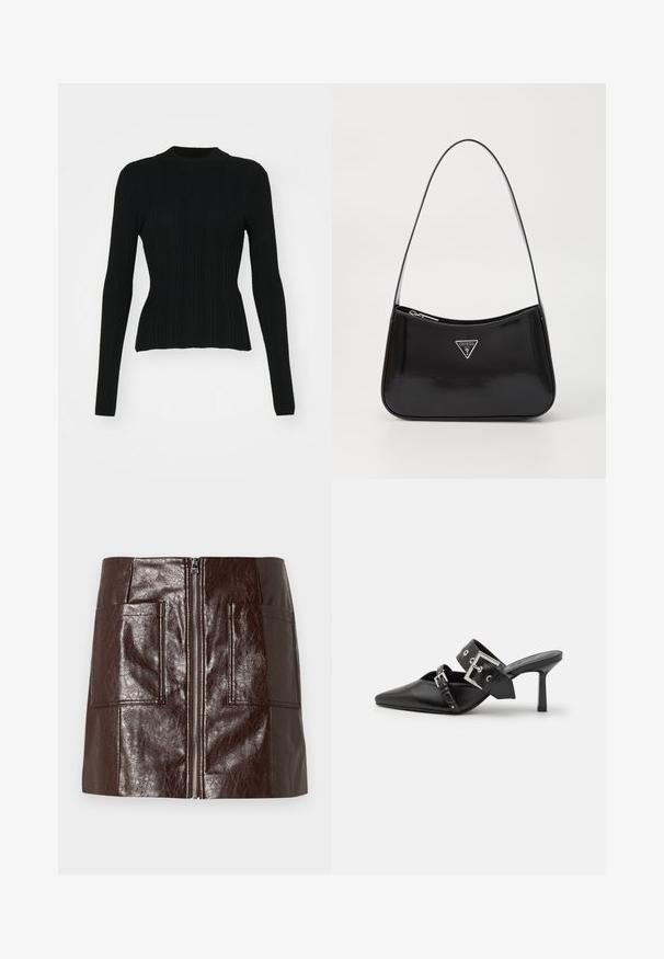 Pulover negru cu maneci lungi, din material ribbed, cu guler înalt și siluetă ajustată. Materialul pare elastic, cu linii verticale. Croială mai scurtă la helm.; Fustă mini din piele sintetică maro, cu un fermoar frontal, două buzunare mari în față și o textură netedă, lucioasă.; Mulele negre cu toc înalt, cu vârful ascuțit, fabricate din piele netedă. Dispun de o curea lată pentru gleznă, cu o cataramă pătrată din argint și cu cuie.; Geantă de umăr din piele patent neagră, cu o formă curbată, având un logo triangular argintiu și închidere cu fermoar. Textură netedă și curea subțire.