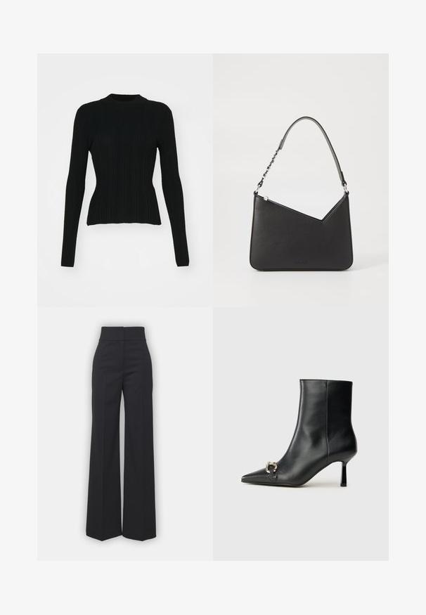 Sweater preto canelado de mangas longas com um decote alto e silhueta ajustada. O material parece elástico com riscas verticais. Corte mais curto na barra.; Calças largas em tecido preto com um cós alto, apresentando um acabamento limpo e uma textura suave. Sem hardware ou padrões visíveis.; Bota preta de couro até ao tornozelo com bico apontado, salto slim de altura média e detalhe em fivela prateada de lado, contra um fundo simples.; Bolsa de couro preta com formato triangular, alça fina e detalhes em metal prateado. Apresenta um fecho com zíper e logótipo em relevo na parte frontal.