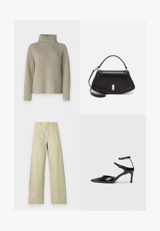 Light green ribbed turtleneck sweater with long sleeves and a loose fit. Texture is chunky knit, featuring a high collar for added warmth.; Wide-leg trousers in light beige cotton, featuring a flat front with pleats, belt loops, and cuffed hems. Smooth texture and casual design.; Black patent leather heels with a pointed toe, adjustable ankle straps, and a slender heel. Smooth texture with a shiny finish.; Black leather handbag with a structured design, featuring a cropped shape, top handle, and gold hardware accent. Adjustable shoulder strap included.