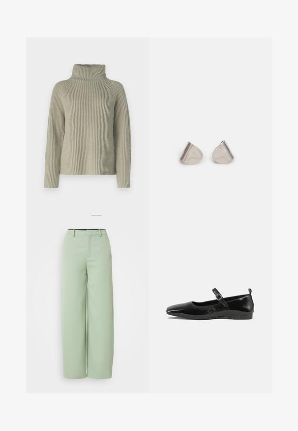 Lichtgroene geribde turtleneck trui met lange mouwen en een losvallende pasvorm. De textuur is chunky breiwerk, met een hoge kraag voor extra warmte.; Lichtgroene wijde broek van gladde stof. Heeft een platte taille, riemlussen en een getailleerde pasvorm zonder zichtbare hardware.; Zwarte patenten leren ballerina met een spitse neus, een enkelbandje met een gesp en een gladde, glanzende textuur. Lage hak voor comfort.; Zilveren metalen oorbellen met een gladde, druppelvorm en een gepolijste afwerking. Subtiele gravures voegen detail toe. Minimalistisch ontwerp.