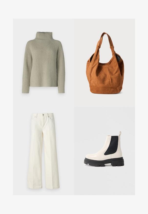 Hellgrüner, gerippter Rollkragenpullover mit langen Ärmeln und lockerer Passform. Die Struktur ist aus grobem Strick und bietet einen hohen Kragen für zusätzliche Wärme.; Weite weiße Jeans aus einem Baumwollmischgewebe. Verfügt über einen Reißverschluss, ein Fünf-Taschen-Design und Nähte entlang der Säume.; Cremfarbene Chelsea-Stiefel aus Leder mit markantem schwarzem Absatz und elastischem schwarzen seitlichen Einsatz vor einem schlichten weißen Hintergrund.; Braune Wildleder-Schultertasche mit weicher Textur, gebogener Form und zwei Griffen. Verfügt über ein minimalistisches Design ohne sichtbare Beschläge oder Akzente.