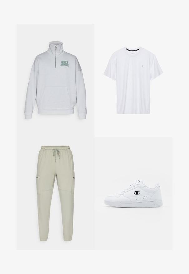 Hellgrauer Reißverschluss-Pullover mit hohem Kragen, lockerer Passform, Fronttasche und grünem "Under Armour"-Logo auf der linken Brustseite.; Weißes Crewneck-T-Shirt aus Baumwolle, mit kurzen Ärmeln und einem kleinen, auf der linken Brustseite gestickten Logo. Weiche Textur.; Hellgrüne Jogginghosen aus leichtem Stoff, mit elastischem Bund, Kordelzug und zwei seitlichen Taschen.; Weißes sportliches Sneakerpaar mit glattem, synthetischen Obermaterial, schwarzem Logo-Akzent und perforierten Details an der Seite. Gummisohle.