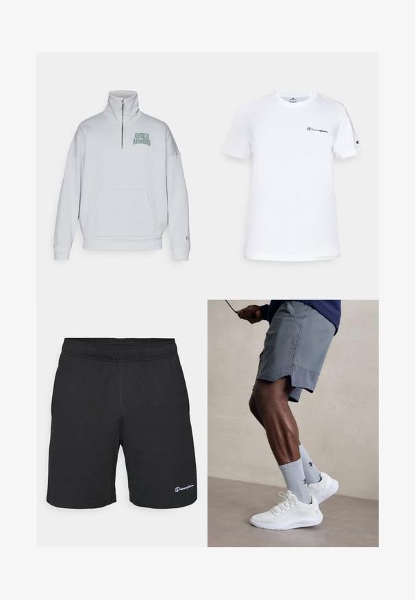 Sweatshirt zippé gris clair avec col montant, coupe décontractée, poche avant et logo "Under Armour" en vert sur la partie gauche de la poitrine.; T-shirt en coton blanc avec un col rond, des manches courtes et un logo "Champion" brodé en noir sur la poitrine et en accent sur la manche.; Shorts de sport noirs avec une taille élastique, fabriqués en tissu doux, comportant un petit logo blanc sur le bas à gauche.; Baskets de sport blanches avec une tige en mesh texturé, associées à des chaussettes bleues claires à côtes avec un logo. Shorts de sport gris avec des bordures perforées.
