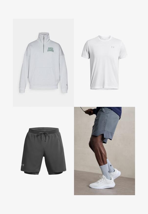 Sudadera cremosa con cremallera y alto cuello, de corte holgado, con bolsillo frontal y logo de "Under Armour" en verde en la zona izquierda del pecho.; Camiseta deportiva blanca hecha de una tela ligera, con un cuello redondo y mangas cortas, adornada con un sutil logo gris en el pecho.; Pantalones cortos deportivos de color gris oscuro con cinturilla elástica, cordón ajustable y forro interno de malla; presentan un sutil logotipo en la pierna izquierda.; Zapatillas deportivas blancas con parte superior de malla texturizada, combinadas con calcetas de canalé azul claro que cuentan con un logo. Pantalones cortos deportivos grises con borde perforado.