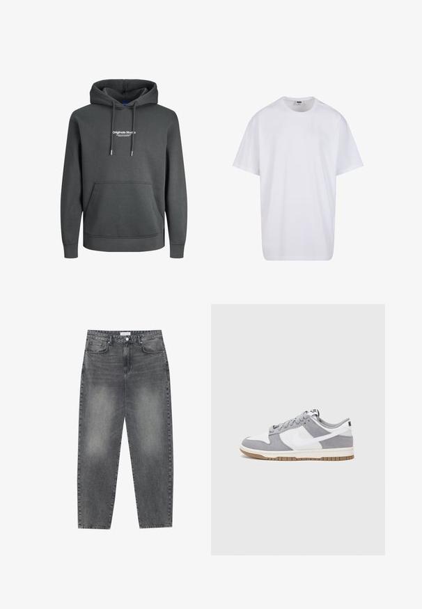 Jack & Jones JORVESTERBRO  - Sweatshirt - asphalt; Hvit bomull t-skjorte med korte ermer, rund utringning, avslappet passform, og ingen synlige logoer eller mønstre. Glatt tekstur og minimalistisk design.; Høyt liv, løstsittende jeans i falmet svart denim. Har fem lommer, beltehemper og et rent, rett ben-design.; Grå og hvite sneakers med overdel i semsket skinn og lær, rund tå, flate lisser, og gummisåle med gummibelegg.