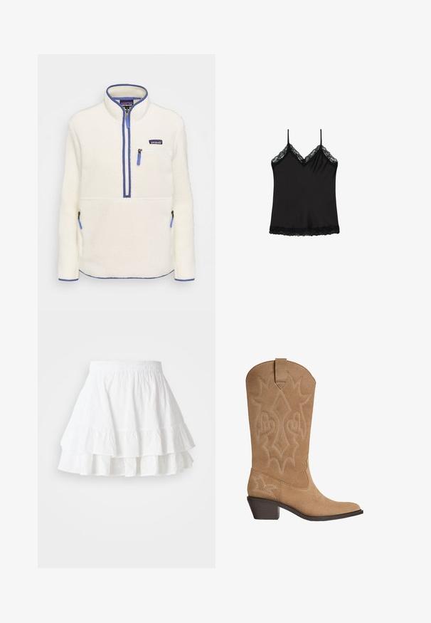 Bílý fleecový pulovr s polo zipem vepředu, modrými zipovými akcenty, náprsní kapsou a bočními kapsami. Hladká textura, vysoký límec.; Černá tílko s tenkými ramínky, zdobené krajkovým lemem podél výstřihu a spodního okraje. Hladká látka s mírně lesklou texturou.; Bílá střižená sukně vyrobená z lehké tkaniny s výšivkou a volánkovým lemem. Má elastický pás pro pohodlí.; Hnědé semišové kovbojské boty s vyšívaným dekoračním prošíváním, středně vysokým sloupkovým podpatkem a poutkem na holeni.