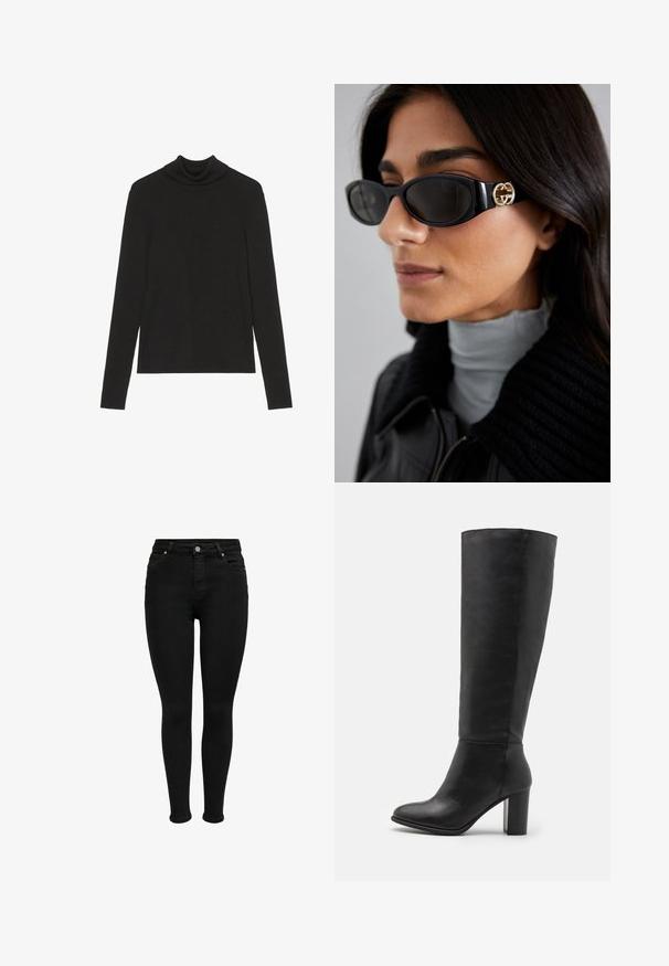 Marc O'Polo LONGSLEEVE STRUCTURE - Strickpullover - black; Schwarze Skinny-Jeans aus Denim. Sie haben eine hohe Taille, Fronttaschen, Gürtelschlaufen und einen Reißverschluss mit Knopfverschluss.; Schwarze kniehohe Stiefel aus glattem Leder, mit einem stabilen Absatz und runder Zehenpartie. Minimalistisches Design ohne sichtbare Hardware oder Dekorationen.; Schwarze Sonnenbrille mit einem schlanken rechteckigen Rahmen und einem goldenen Logo-Akzent an der Seite. Dunkle Gläser und glänzende Oberfläche sind auffällig.; Schwarze Schultertasche aus glattem Material, mit geschwungener Form, goldenem Reißverschluss und einem goldenen, geprägten Logo-Akzent auf der Vorderseite.