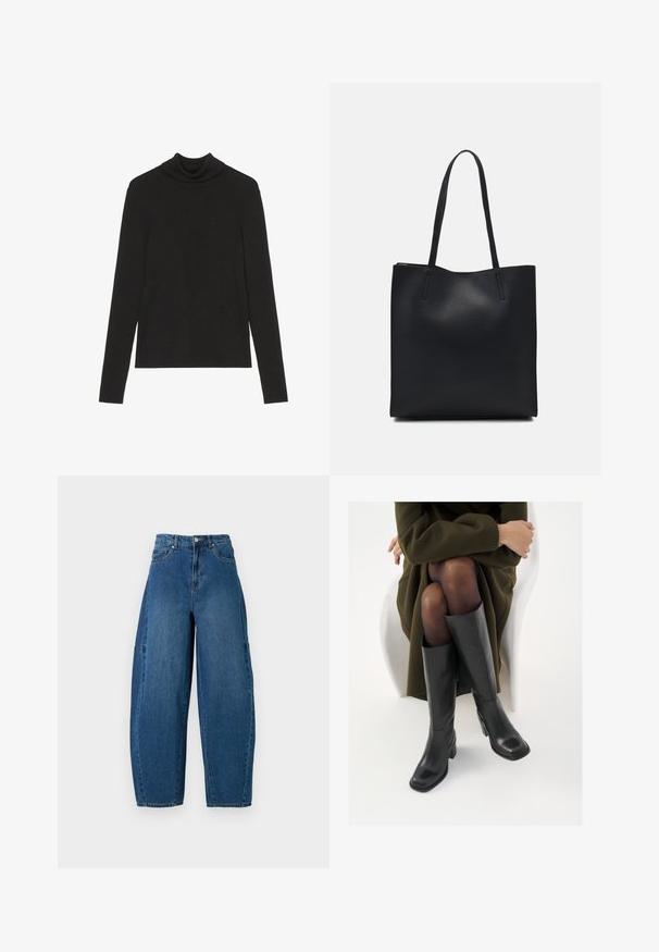 Marc O'Polo LONGSLEEVE STRUCTURE - Džemperis - black; Denim bikses vidējā zilā krāsā ar augstu jostasvietu, platām kājām un standarta piecu kabatu dizainu ar redzamām šuvju detaļām.; Ceļgalu augstuma melni ādas zābaki ar kvadrātu purngalu un bloku papēdi, attēloti modelī, kurš sēž olīvu zaļā mētelī. Gluda tekstūra, minimāla apdare.; Melnas ādas somiņa ar gludu tekstūru, taisnstūra formu un divām garām rokturiem. Nav redzamu aparatūras vai rotājumu.