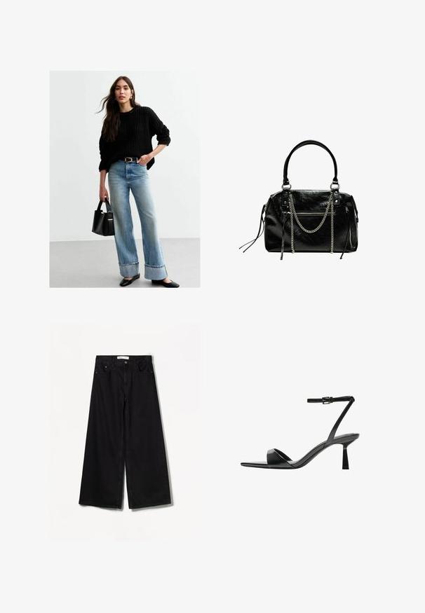 Zwarte gebreide trui, lichtblauwe wijde jeans, zwarte flats en een kleine zwarte handtas met gouden hardware. Gevarieerde materialen en een losse pasvorm.; Bershka WIDE-LEG - Wide leg - black; Bershka Sandalen met hoge hak - black; Bershka WITH CHAIN - Handtas - black