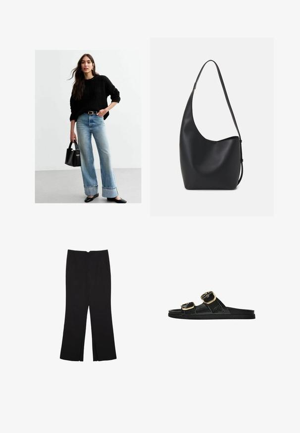 Zwarte gebreide trui, lichtblauwe wijde jeans, zwarte flats en een kleine zwarte handtas met gouden hardware. Gevarieerde materialen en een losse pasvorm.; Zwarte broek met een rechte pasvorm, voorzien van zijzakken en plooien aan de onderzijde. Gemaakt van zachte, gladde stof. Geschikt voor verschillende gelegenheden.; Zwarte slipper met twee gouden gesps, gladde textuur, platte zool en een minimalistisch ontwerp.; Zwarte leren hobo tas met een gladde textuur, kromme vorm en een enkele verstelbare schouderband; heeft een brede opening aan de bovenkant.