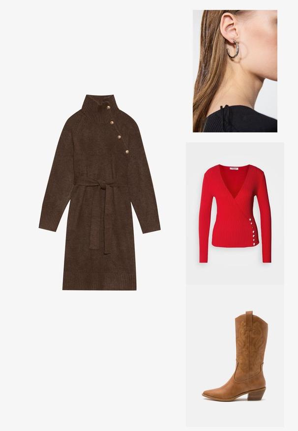 Morgan Trui - rouge; Bruine gebreide sweaterjurk met een hoge geribde kraag, zijknopen en een bijpassende stoffen riem. Geribde manchetten en zoom voegen textuur toe.; Tan leren cowboylaars met puntige neus, geborduurde spiraalpatronen op de schacht en een gestapelde blokhak. Voorzien van een trekband voor gemakkelijke aan- en uittrekken.; Zilveren oorbel met een gepolijste afwerking, met kleine gouden accentdetails en een ronde vorm, gedragen op de oorlel.
