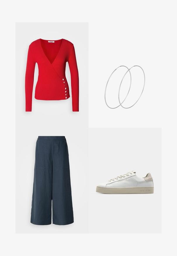 Morgan Džemper - rouge; Kitsad laiad püksid tumesinisest kergest kangast. Omavad veidi tekstuurset pinda, elastset vööd ja esimesi õmblusi.; Valge nahast toss, millel on sile pind, beežist seemisnahast aktsendid, ümar nina, lame puuvillane pael ja tekstuuriga kummitald.; Hõbedased rõngastikkaehingad minimalistlikus disainis. Ümar kuju, sile tekstuur ja õhuke profiil. Kerged ning poleeritud viimistlusega.