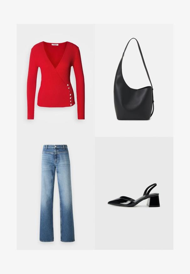 Morgan Pullover - rouge; Jean en denim bleu clair avec taille haute, coupe droite, délavage et style classique à cinq poches. Fini avec une fermeture à bouton.; Escarpins en cuir verni noir avec bout pointu et talon bloc géométrique. Présente un design élégant et minimaliste ainsi qu'une texture lisse.; Sac hobo en cuir noir avec une texture lisse, une forme incurvée et une seule sangle réglable ; dispose d'une large ouverture en haut.