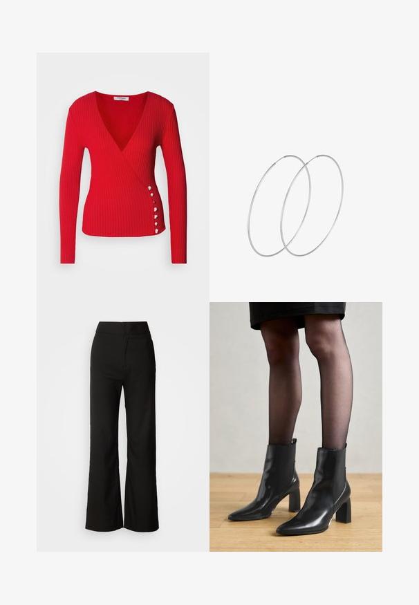 Morgan Pulover - rouge; Črne široke hlače z gladko teksturo, visokim pasom in čistim dizajnom. Brez vidnih žepov ali okrasnih elementov.; Črne usnjene gležnjarje s koničastim nosom, masivnim kvadratnim petam in sleek oblikovanjem. Imajo elastične stranske panele za enostavno obuvanje.; Srebrne uhane v obliki obroča z minimalističnim dizajnom. Krožna oblika, gladka tekstura in tanek profil. Lahki s poliranim zaključkom.