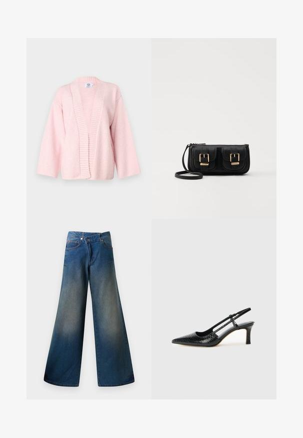 Šviesiai rožinė megztinė, pagamintas iš minkštos, tekstūruotos medžiagos. Pasižymi plačia atvira priekyje, gumburuotomis kraštinėmis ir alkūnių ilgio rankovėmis. Be užsegimų.; Plati kojinės mėlynos džinsinės kelnės, pagamintos iš džinsinio audinio, su šiek tiek išblukusiu paviršiumi, matomomis siūlėmis, dviem priekinėmis kišenėmis ir mygtuko uždarymu.; Juodai lakuoti slingback aukštakulniai su smailiu nosiu, su tekstūruotu gyvatės raštu, reguliuojama juosta ir trumpu, tekstūruotu blokiniu kulnu.; Juodas odinis per petį nešiojamas krepšys su dviem priekiniais kišenėmis, auksiniais sagtimis, užtrauktuko uždarymu ir siauromis petnešomis. Textūruota paviršius ir kompaktiškas stačiakampis formatas.