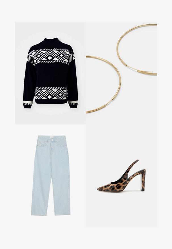 ONLY ONLVICTORIA czarny; Jasnoniebieskie dżinsy o szerokich nogawkach, wykonane z denimu, z średnim stanem, pięcioma kieszeniami oraz zapięciem na guzik z wąskim metalowym akcentem.; Sandały na obcasie w panterkę z wąskim noskiem i przezroczystym słupkiem. Wykonane z błyszczącego materiału o gładkiej fakturze.; Złote kolczyki w kształcie cienkich okrągłych obręczy, o gładkim metalicznym wykończeniu, bez zdobień czy wzorów.