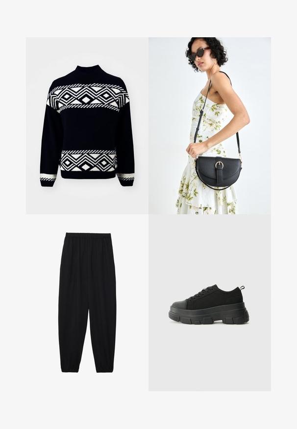 ONLY ONLVICTORIA - Jumper - black/pumice stone; Black, lightweight pants with an elastic waistband and gathered ankles. The fabric is smooth and features a relaxed, tapered design.; Black sneakers with a chunky rubber sole, textured fabric upper, round toe, and lace-up design. Features reinforced eyelets and back pull tab.; Black leather handbag with a curved shape, detachable strap, and gold hardware. The bag features a flap with a buckle detail.