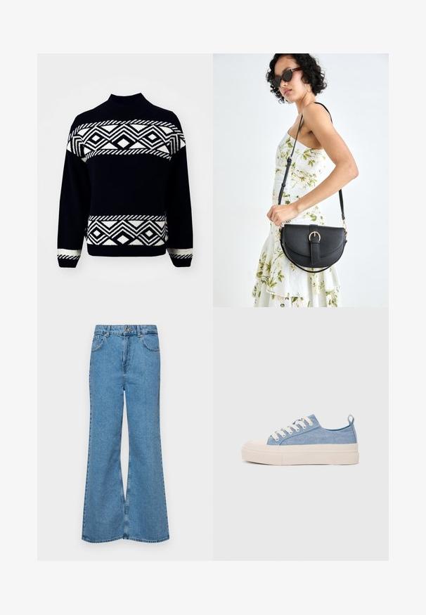 ONLY ONLVICTORIA - Pullover - black/pumice stone; Jean flare bleu clair en denim, avec une taille haute, cinq poches et une fermeture à un bouton. Texture douce avec une finition décolorée.; Baskets en toile bleu clair avec une coque en caoutchouc crème et une semelle extérieure, dotées de lacets blancs et d'une languette au talon.; Sac à main en cuir noir avec une forme courbée, bandoulière amovible et des accessoires en or. Le sac est doté d'un rabat avec un détail de boucle.