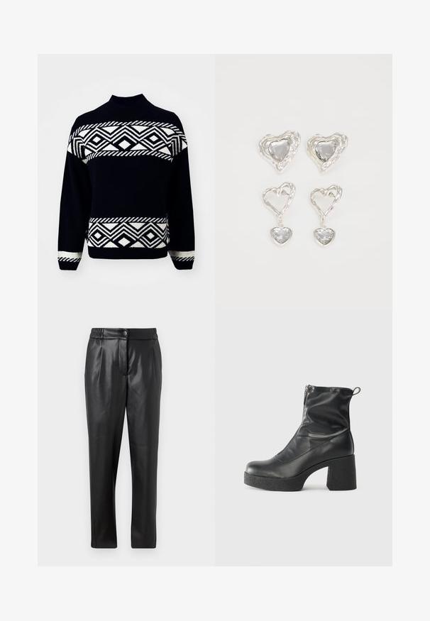 ONLY ONLVICTORIA - Vesta - black/pumice stone; Crne kožne hlače s glatkom teksturom, ravnog kroja, elastičnim pojasom i prednjim kopčanjem na dugme; nabran detalj i suženi nogavič.; Crne gležnjače od glatke kože, s bočnim zatvaračem, debelim teksturiranim potplatom i dizajnom s zaobljenim prstima.; Srebrne naušnice u obliku srca imaju fasetirane prozirne kamenčiće, s teksturiranim okvirom. Set uključuje naušnice na dugme i viseće stilove.