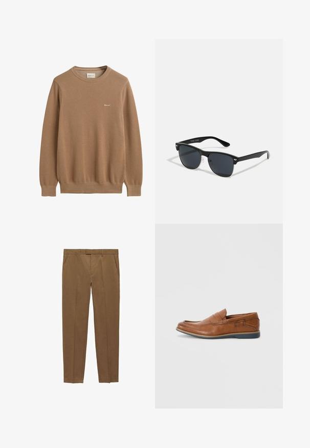 Rjavo pleteno pulover s teksturiranim vzorcem, okroglim izrezom in dolgimi rokavi. Ima majhen vezen logotip na prsih.; Rjave krojene hlače iz gladkega materiala, z ravnim sprednjim delom, ravnimi nogavicami, zankami za pas in stranskimi žepi.; Rjavi usnjeni loafers s okroglo konico, šivi na površini in nizkim gumijastim podplatom. Oblikovanje vključuje pas čez zgornji del.; Črne sončne naočare pravokotne oblike, temna leča, srebrni detajli na ušesih in mat površina na okvirju.