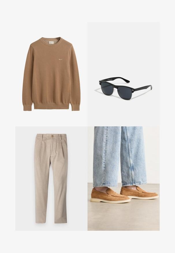 Barna kötött pulóver textúrált mintával, kerek nyakkivágással és hosszú ujjakkal. A mellkasán egy kis hímzett logó található.; Beige kordbársony nadrág, gumírozott derékkal, gombos záródással és redőzött részletekkel, egyenes fazonnal és texturált anyaggal.; Barna velúr slip-on cipők alacsony profilú, krémszínű talppal és varrási részletekkel, világoskék farmernadrággal párosítva.; Fekete napszemüveg, téglalap alakú, sötét lencsékkel, ezüst részletekkel a szárakon, és matt felülettel a kereten.
