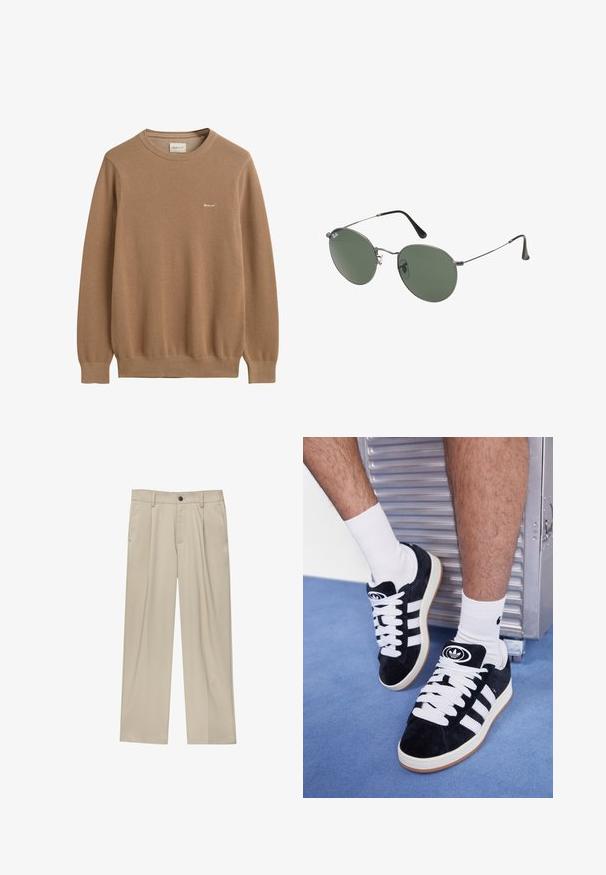 Barna kötött pulóver textúrált mintával, kerek nyakkivágással és hosszú ujjakkal. A mellkasán egy kis hímzett logó található.; Beige egyenes szárú nadrág, egy fekete gombbal, övhurkokkal és oldalzsebekkel. Sima szövettextúra és minimális design.; Fekete velúr sportcipők fehér fűzőkkel és három fehér csíkkal. A nyelvén egy kör alakú fekete logó található, valamint egy gumis talp.; Fémkeretes napszemüveg ovális zöld lencsékkel. Vékony ezüst színű fémkeret és fekete fülrész. Minimalista dizájn, látható logók nélkül.