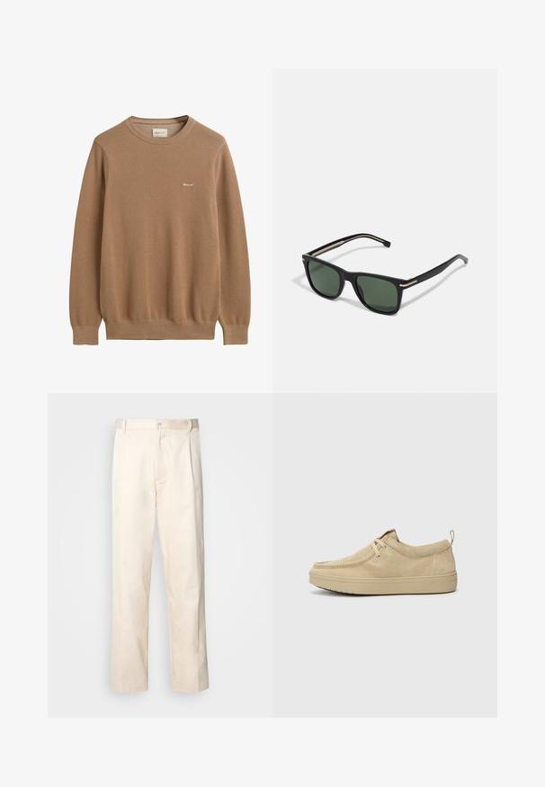 Maglione lavorato a maglia marrone con un motivo testurizzato, girocollo e maniche lunghe. Presenta un piccolo logo ricamato sul petto.; Pantaloni in cotone beige con taglio dritto, dotati di chiusura a bottone e pence sul davanti per un tocco di dettaglio in più.; Scarpe slip-on in suede beige con punta rotonda, cuciture minime e suola in gomma. Texture morbida con un sottile accento del marchio nel tallone.; BOSS Occhiali da sole - black