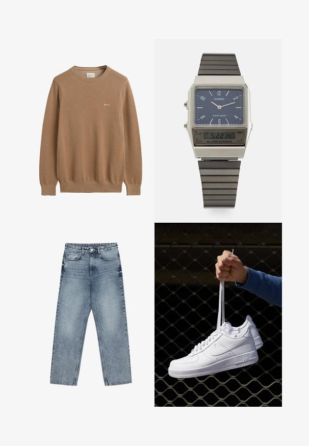 Brun strikket sweater med et struktureret mønster, rund halsudskæring og lange ærmer. Har et lille broderet logo på brystet.; Lysblå denim jeans med lige ben, synlig syning, fem lomme-design og knaplukning ved taljen.; Hvide lædersneakers med perforeringer, rund tå, flad sål og tykke snørebånd, med et synligt swoosh-logo og "AIR" på hælen.; Casio digitalur med en blå urskive, sølvgehus og lagdelt sort gummirem. Viser tidspunkt og alarmindstillinger. Vandafvisende.
