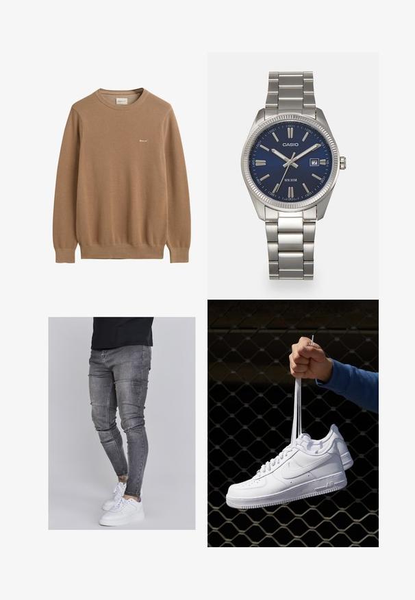 Jersey marrón de punto con un patrón texturizado, cuello redondo y mangas largas. Presenta un pequeño logo bordado en el pecho.; Jeans ajustados en denim gris desgastado, con detalles desgastados en las rodillas, combinados con zapatillas blancas. Textura suave, diseño de corte slim.; Zapatillas de cuero blanco con perforaciones, punta redonda, suela plana y cordones gruesos, con un logo de swoosh visible y "AIR" en el talón.; Reloj de pulsera de acero inoxidable plateado con una esfera azul marina, marcadores horarios metálicos y una ventana de fecha a las 3 en punto. Resistente al agua hasta 50 metros.