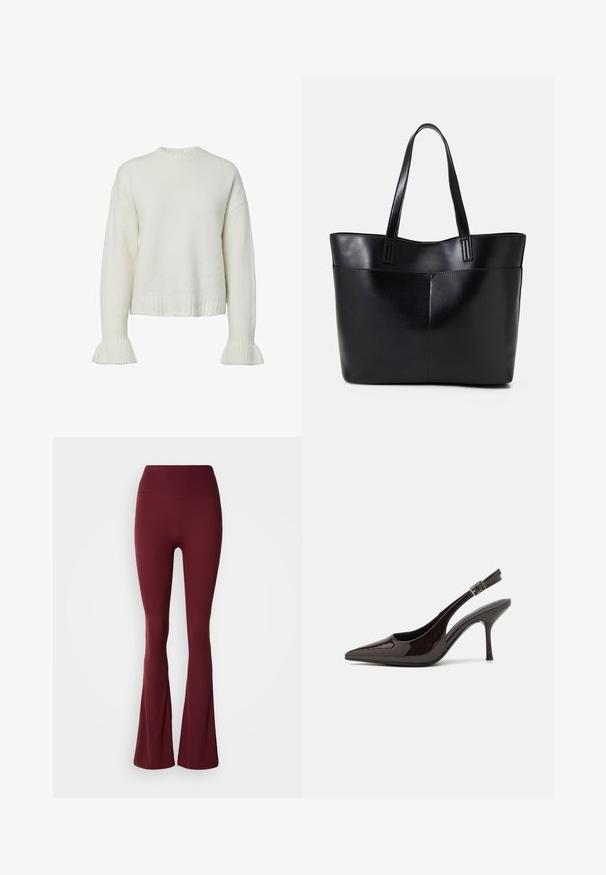 Balta megzta megzta su ribota faktūra, apvali iškirpte ir varpelių formos rankovėmis. Trumpas ilgis su laisvu siluetu.; Aukštai įsiūtos, tamsiai raudonos legging'os su prigludusia šlaunimi ir platėjančia blauzda neutralioje fone.; Blizganti tamsiai ruda lakinės odos aukšto kulno bateliai, smailus nosis, atviros šoninės dalys ir reguliuojamas kulkšnies dirželis.; Juoda odinė rankinė su dviem ilgais diržais, lygiu paviršiumi ir struktūrizuota forma. Yra priekinė kišenė papildomam saugojimui.