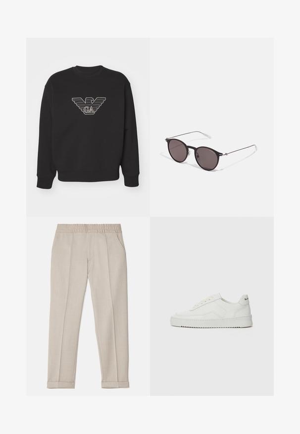Emporio Armani Sportinis megztinis - black; Filippa K TERRY CROPPED TROUSERS - Kelnės - sage melange; Balti odiniai sportiniai bateliai su lygia apdaila, apvaliu pirštu, plokščiais raišteliais ir tekstūruotu padu. Pasižymi subtiliu logotipu ant kulno.; Juodos apvalios saulės akinių su tamsiais lęšiais ir plonomis metalinėmis šakomis. Įtraukti skaidrūs šventyklų galai ir sidabriniai akcentai vyrio srityje. Minimalistinis dizainas.