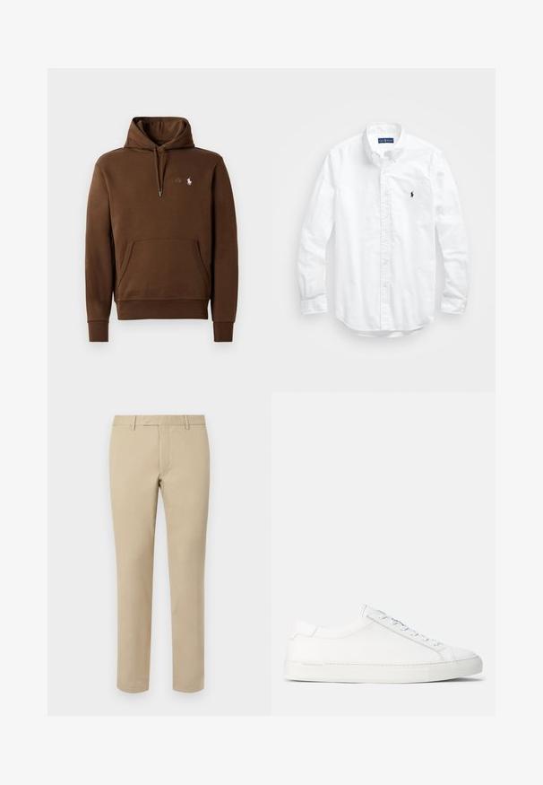 Haut à capuche marron en tissu doux, avec une capuche à cordon, une poche kangourou et un petit logo brodé sur la poitrine.; Chemise blanche à manches longues en coton. Dotée d'un col classique, de poignets à boutons et d'un petit logo brodé bleu marine sur la poitrine.; Pantalon en coton beige avec une coupe droite, doté de passants de ceinture, d'un devant plat et de ourlets soignés. Texture lisse et détails minimaux.; Baskets en cuir blanc avec une texture lisse, une forme arrondie, une semelle en caoutchouc plate et des lacets blancs. Présente un design minimaliste et une marque discrète.