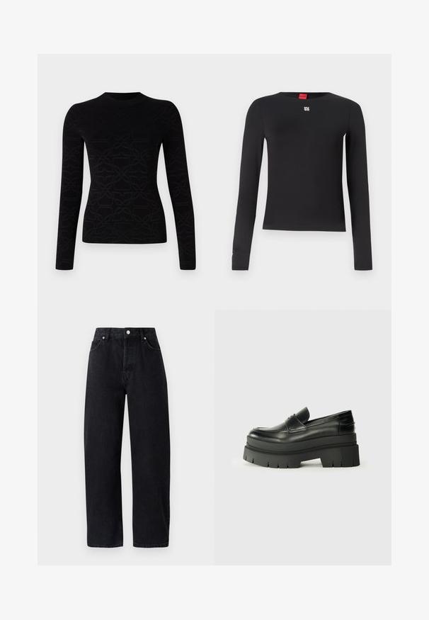 Black long-sleeve top featuring a textured, repeating pattern. Made of soft fabric with a round neckline and fitted silhouette.; Black long-sleeve shirt made from smooth fabric. Features a crew neckline and a small silver logo on the chest. Minimalist design.; High-waisted, straight-leg black denim jeans with five pockets, metal rivets, and tonal stitching. Smooth texture, minimalistic design.; Black leather loafers with a chunky platform sole. Rounded toe, front seam detail, and subtle stitching accents. Flat, textured outsole.