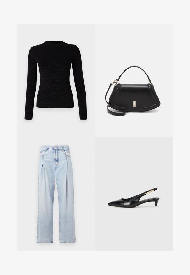 Svart långärmad topp med ett texturerat, upprepat mönster. Tillverkad av mjukt tyg med rund halsringning och åtsittande siluett.; Ljust blå denimjeans med hög midja, vida ben, två sidofickor och veckad design. Mjuk textur med en blekt finish.; Svart läder slingback-hälar med spetsig tå, med en smal klack och en guldtonad detalj på den justerbara remmen. Slät textur.; Svart läderhandväska med en strukturerad design, som har en avskuren form, ett handtag upptill och guldiga detaljer. Justerbar axelrem ingår.