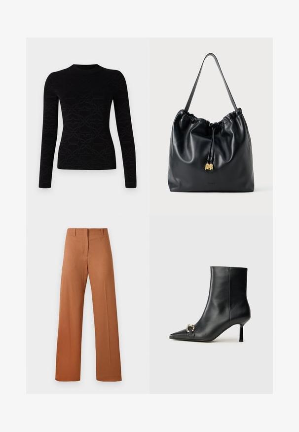 T-shirt preto de manga longa com um padrão texturizado e repetido. Feito de um tecido macio, com decote redondo e silhueta ajustada.; Calças largas em um tecido castanho rico, com uma textura suave, cintura regular com passantes para cinto e detalhes de vinco na frente.; Bota preta de couro até ao tornozelo com bico apontado, salto slim de altura média e detalhe em fivela prateada de lado, contra um fundo simples.; Mala de cordão em couro preto com uma textura suave, topo franzido e discretos acessórios em dourado. Apresenta uma única alça resistente e um logótipo embossado.