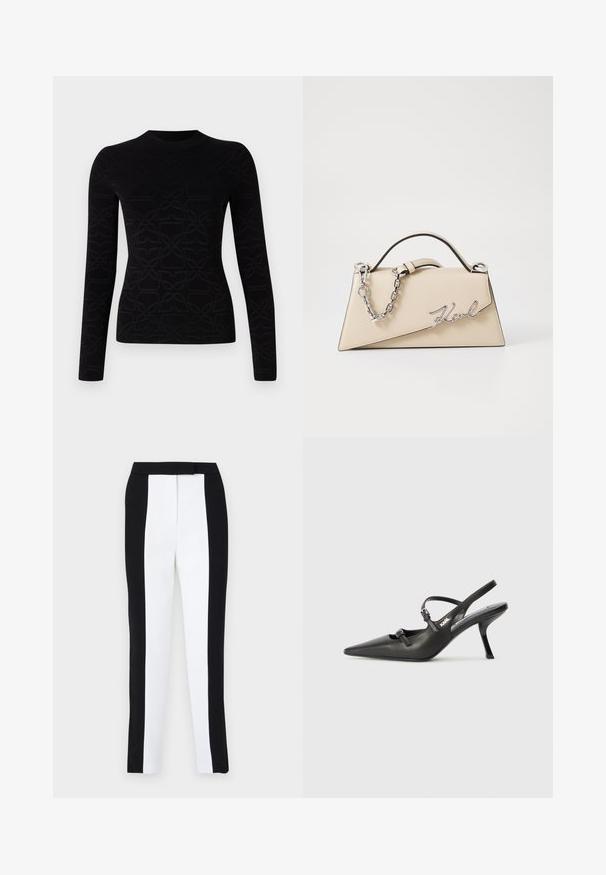 Top nero a maniche lunghe con un motivo testa di moro in rilievo. Realizzato in tessuto morbido con scollo rotondo e silhouette aderente.; Pantaloni tapered bianco e nero che presentano una vestibilità slim con pannelli a contrasto. Il tessuto ha una texture liscia; la vita è piatta e aderente.; Scarpe slingback nere in pelle con punta affilata, tacco sottile e dettaglio decorativo a fibbia sulla tomaia. Texture liscia e design elegante.; Borsa a mano in pelle beige con una forma triangolare strutturata, dotata di un manico in catena argentata e di un logo in metallo scritto in corsivo.