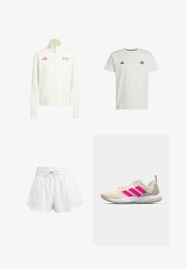 Witte lange mouwen kwart-rits pullover met roze Adidas-logo op de linkerkant van de borst en BMW Berlin Marathon-logo op de rechterkant van de borst.; Witte katoenen T-shirt met korte mouwen, voorzien van een groen Adidas-logo en tekst op de linkerkant van de borst en een groen driehoeklogo op de rechterschouder.; Witte sportieve shorts met een elastische tailleband en verstelbaar trekkoord. Gemaakt van lichtgewicht materiaal, met zijzakken en een losse pasvorm.; Beige sportshoe met een roze drie-strepen logo, een textuur-mesh bovenkant, een gevoerde kraag en een witte rubberen zool, met "LIGHTSTRIKE" branding.