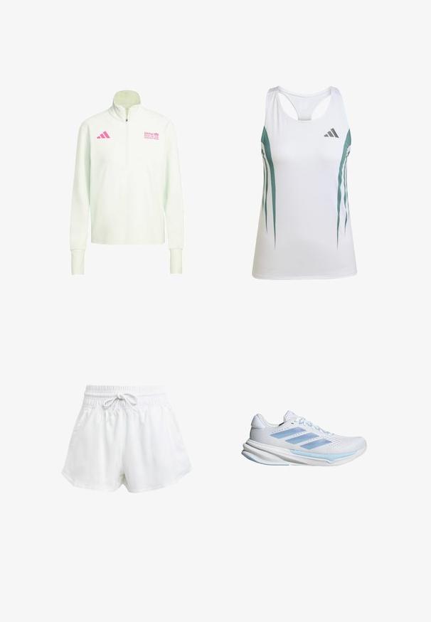 White long-sleeve quarter-zip pullover with pink Adidas logo on left chest and BMW Berlin Marathon logo on right chest.; White athletic tank top with teal accents and a geometric pattern. Features a racerback design and lightweight, textured fabric.; White athletic shorts with an elastic waistband and adjustable drawstring. Made from lightweight material, featuring side pockets and a loose fit.; White running shoes with light blue accents, breathable mesh upper, three-stripe design, cushioned sole, and textured traction outsole.