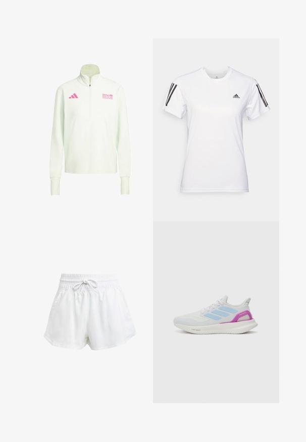 Weißer Langarm-Quarter-Zip-Pullover mit pinkem Adidas-Logo auf der linken Brust und BMW Berlin Marathon-Logo auf der rechten Brust.; Weißes Sport-T-Shirt aus glattem, leichtem Stoff. Mit schwarzen Drei-Streifen-Akzenten auf den Schultern und einem kleinen schwarzen Logo auf der Brust.; Weiße Sportschorts mit elastischem Bund und einstellbarem Kordelzug. Hergestellt aus leichtem Material, mit seitlichen Taschen und lockerer Passform.; adidas Performance PUREBOOST 5 - Laufschuh Straße - white/glow blue/purple burst