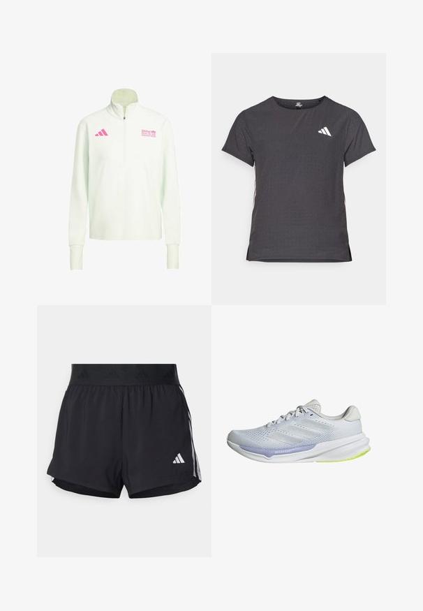 Weißer Langarm-Quarter-Zip-Pullover mit pinkem Adidas-Logo auf der linken Brust und BMW Berlin Marathon-Logo auf der rechten Brust.; Kurze Ärmel Sport-T-Shirt, dunkelgrau mit durchbrochener Textur. Enthält ein weißes Logo und kontrastierende Seitenstreifen. Runder Ausschnitt.; Schwarze Sportshorts mit einem elastischen Bund, ausgestattet mit einem strukturierten Band, seitlichen Streifen und einem weißen Adidas-Logo am unteren Saum.; Weiße Sportschuhe mit einem atmungsaktiven Mesh-Obermaterial, strukturiertem Design und lavendelfarbenen Akzenten. Die Schuhe verfügen über eine gepolsterte Sohle mit grünen Außensohlen-Details.