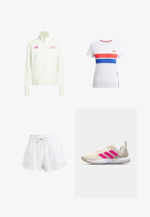 Pull-over à manches longues blanc avec fermeture éclair quart, logo Adidas rose sur la poitrine gauche et logo du Marathon de Berlin BMW sur la poitrine droite.; T-shirt de sport blanc avec des rayures horizontales rouges et bleues, col rond, manches courtes et un logo sur la poitrine.; Shorts de sport blancs avec une taille élastique et un cordon de serrage réglable. Fabriqués en matériau léger, ils sont dotés de poches latérales et d'une coupe ample.; Baskets de sport beiges avec un logo à trois bandes roses, tige en maille texturée, col rembourré et semelle en caoutchouc blanc, arborant le marquage "LIGHTSTRIKE".
