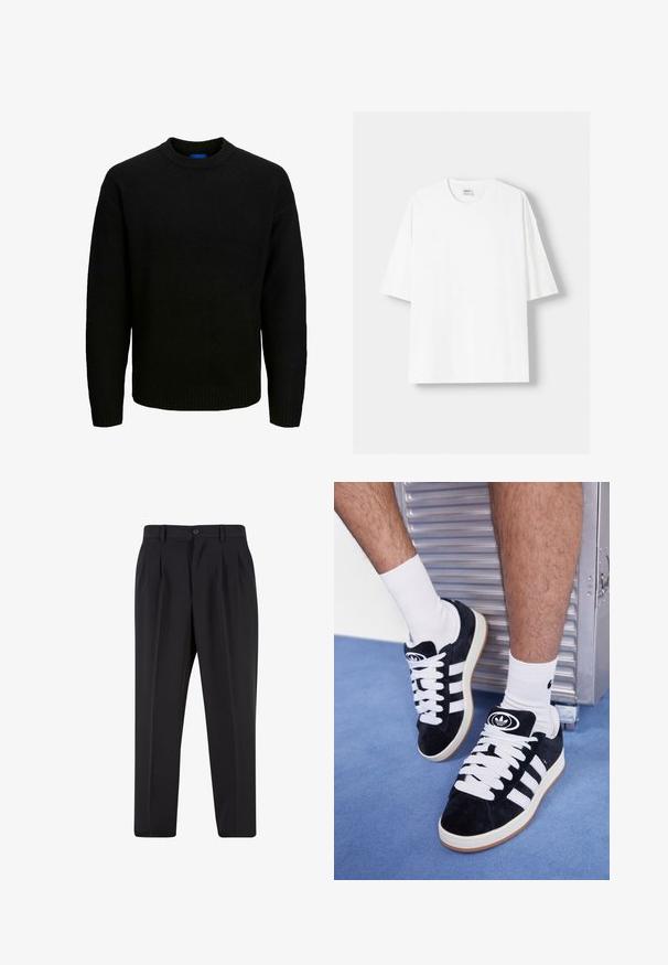 Pulover negru din tricot, cu guler rotund, mâneci lungi și detalii ribb la guler și la margine. Textură moale, potrivire casuală.; Tricou alb cu mânecă scurtă, confecționat din bumbac, cu un decolteu rotund și o croială lejeră. Textură netedă, fără modele sau accente vizibile.; Pantaloni negri cu un design față plisată, fabricați dintr-un material neted. Prezintă un închidere cu nasture și brâuri; croială dreptă.; Adidași negri din suede cu șireturi albe și trei dungi albe. Au un logo circular negru pe limbă și o talpă din cauciuc de tip gumă.