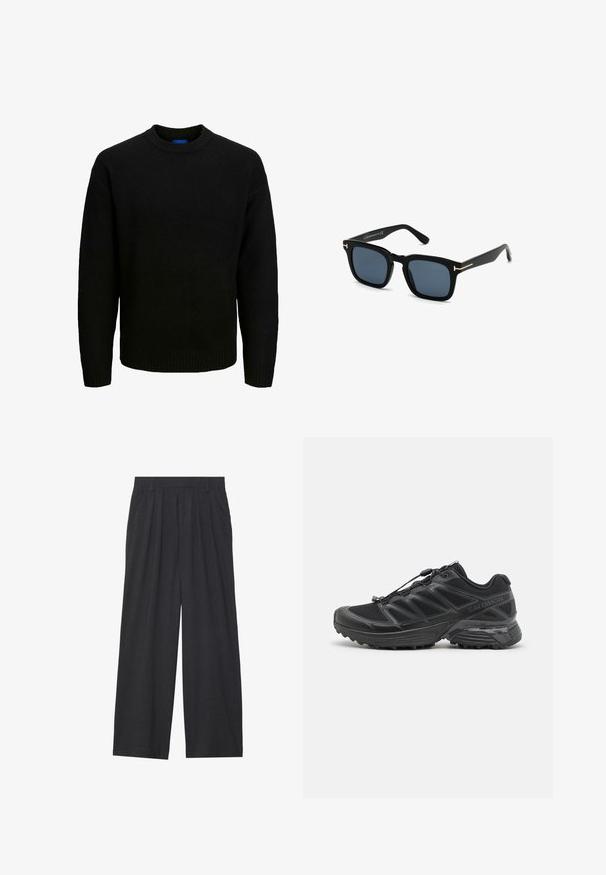 Black knitted sweater with a crew neckline, long sleeves, and ribbed trims at the collar and hem. Soft texture, casual fit.; Wide-leg trousers made of dark gray fabric. Features pleats at the waist, a tailored design, and a straight silhouette.; Black running shoe with mesh and synthetic upper, flexible outsole, and elastic laces. Features a cushioned midsole for comfort.; Black square sunglasses with dark lenses, matte finish, and gold metal accents on the temple, featuring a minimalist design.