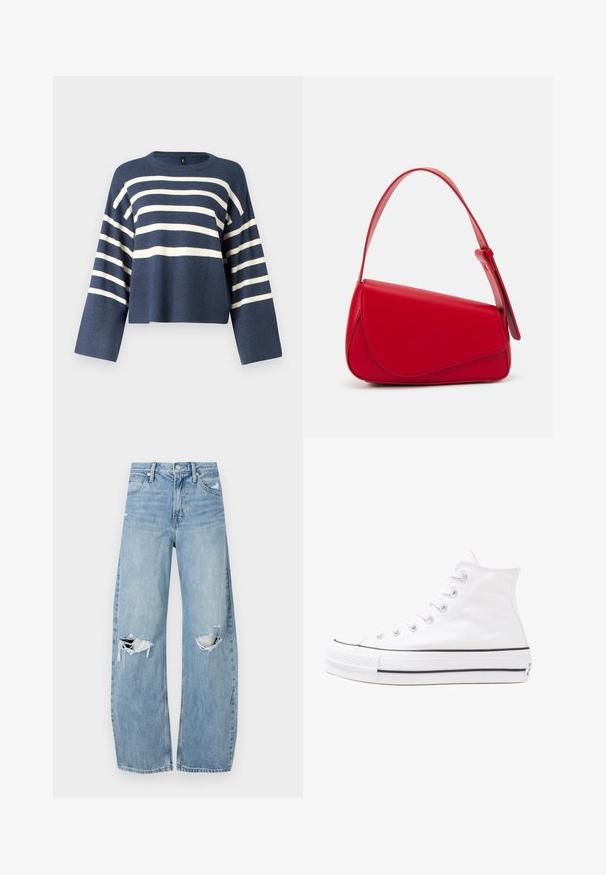 Jersey a rayas azul marino con rayas blancas, cuello redondo y mangas anchas. La tela tiene una textura suave y un dobladillo corto.; Vaqueros de mezclilla de tiro alto en azul claro. Tienen piernas anchas, dos áreas desgastadas en las rodillas y un estilo clásico de cinco bolsillos.; Zapatilla de lona alta blanca con suela de goma negra, puntera de goma frontal y seis ojetes para los cordones, que presenta un diseño limpio y minimalista.; Bolso de cuero rojo con un diseño angular y geométrico. Cuenta con una única correa ajustable y un cierre de solapa con detalles de costura.
