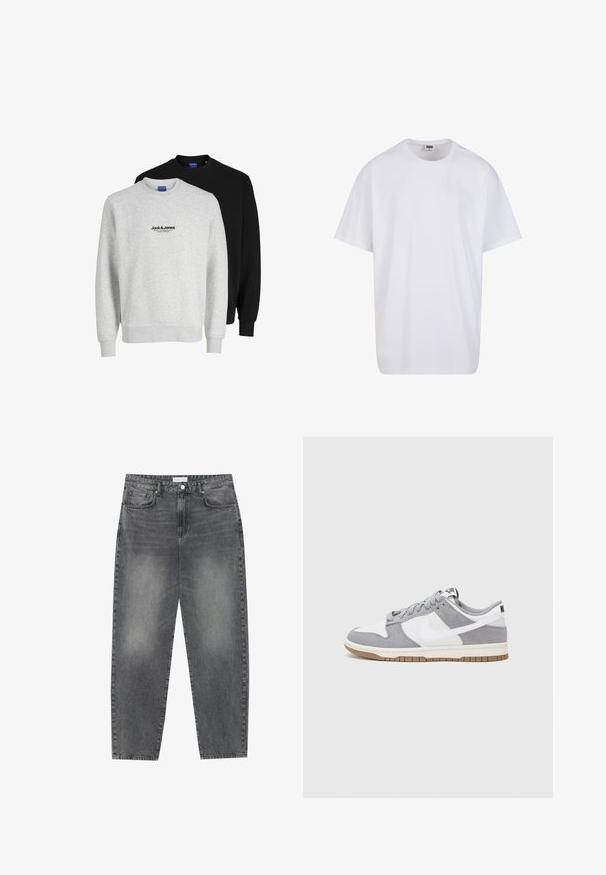Divi džemperi no Jack & Jones: viens gaiši pelēks ar logotipu, otrs melns. Abi ir ar apaļiem dekoltē un ribotas piedurknes.; Balta kokvilnas T-kreklu ar īsām piedurknēm, apaļu kakla izgriezumu, brīvu piegriezumu un bez redzamām logo vai rakstiem. Gluda tekstūra un minimālistisks dizains.; Augsta vidukļa, platā stila džinsi izbalējušā melnā denima. Ar pieciem kabatām, jostas cilpām un tīru, taisnu kāju dizainu.; Pelēki un balti sporta apavi ar zamšādas un ādas virsu, noapaļota purngala, plakaniem šņorēm un gumijas zoli ar gumijas akcentu.